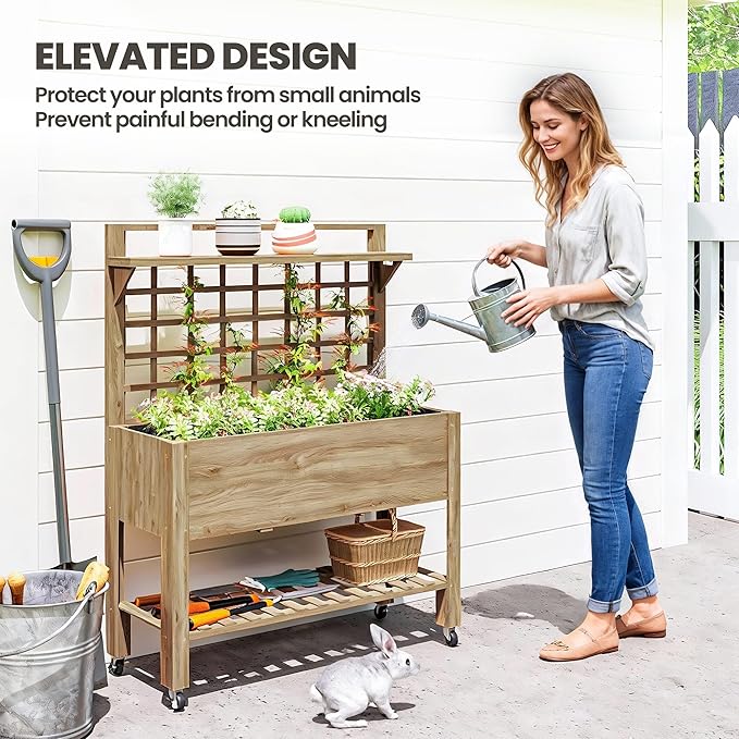 Outsunny 41 Raised Garden Bed with Trellis on Wheels Wooden Elevated Planter Box with Legs and Bed Liner for Flowers Herbs &amp Vegetables Dark Brown