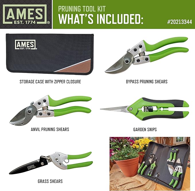 AMES 20213344 4-pc. Pruning Tools Kit with Bypass &amp Anvil Pruners Garden Snips Grass Shears &amp Canvas Case