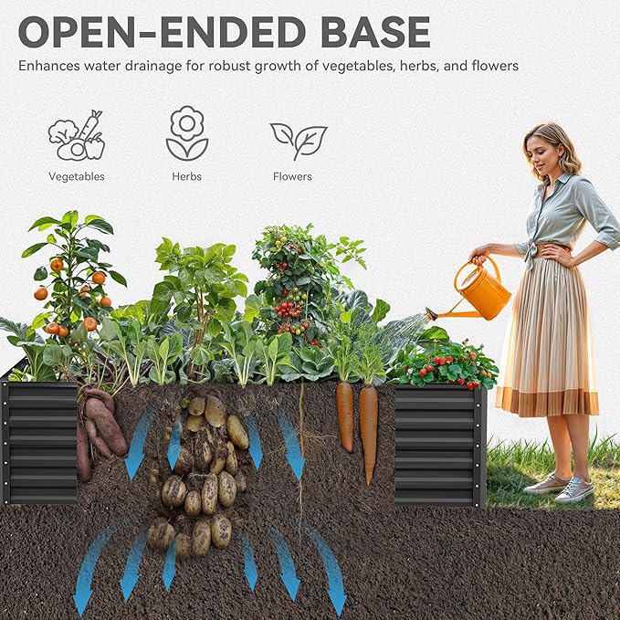 YITAHOME 8x4x2 ft 4pcs Galvanized Raised Garden Bed Kit Large Metal Planter Box with Gloves Safety Rubber &amp Support Rod Outdoor Flower Bed for Plants Vegetables Black