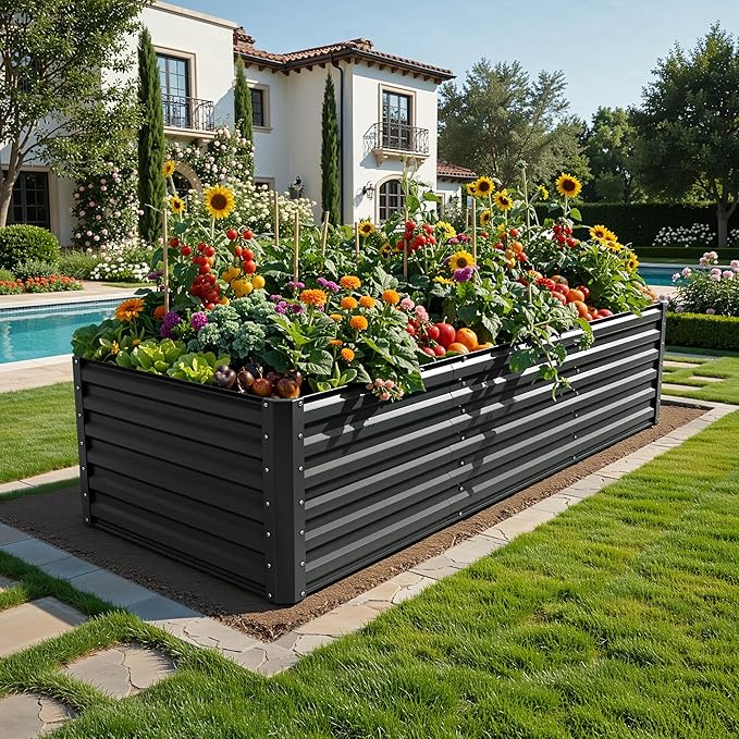 YITAHOME 8x4x2ft Large Raised Garden Bed Kit Galvanized Metal Planter Box with Gloves Ground Nails Support Rod &amp Safety Rubber Outdoor Above Ground Planters for Plants Vegetables Flowers Blac