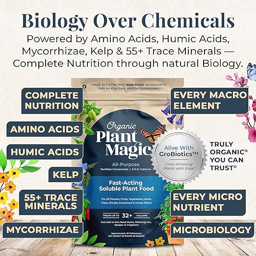 Organic Plant Magic - Fast-Acting Water Soluble Plant Food - All-Purpose Fertilizer Concentrate for Flower Vegetable Herb Fruit Tree Garden &amp Indoor Houseplants [One 1/2 lb Bag]