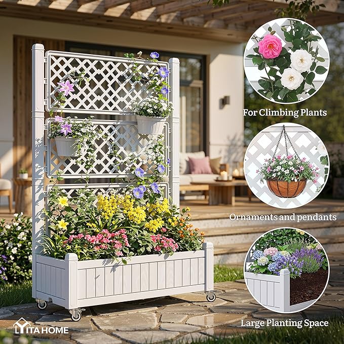 YITAHOME 42.5x14.2x61 in Planter Box with Trellis/Outdoor Privacy Screen All-Weather Raised Garden Bed with Wheels &amp Drain Plug for Climbing Plants Flowers Herbs White