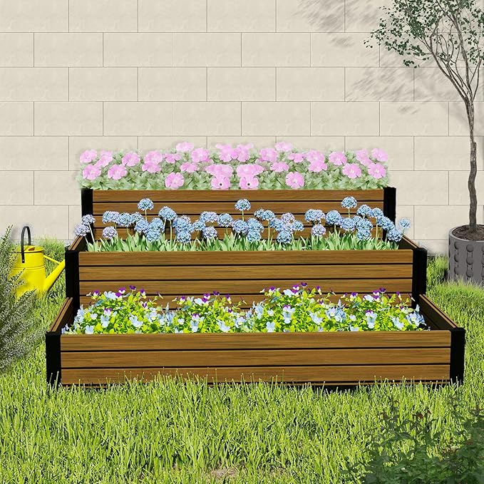 mondaria 3-Tier Planter Raised Beds 47.2 x 65.1 x 18.1 Outdoor Elevated Flower Box Wood Plastic Composite Tiered Garden Bed for Backyard/Patio/Gardener Brown