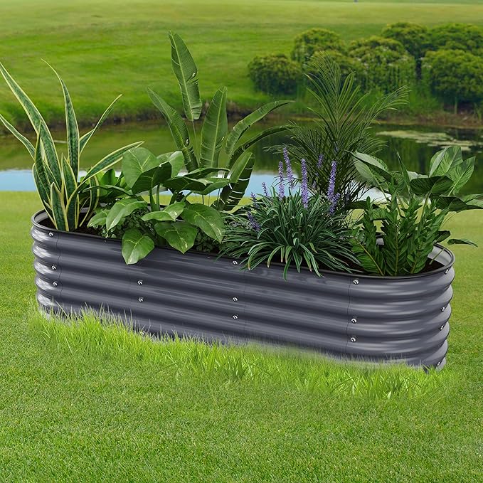 Oval Raised Garden Bed for Outdoors - 6.5X2X1.4 FT Galvanized Planter Raised Beds Metal Planter Box for VegetablesFlowers Herbs and Succulents(Deep Gery)