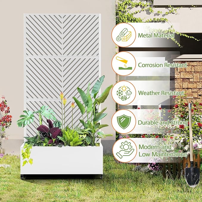 Raised Garden Bed with Trellis and Wheels73x35x16 Metal Raised Garden BedWhite Parallel Metal Planter with Climbing Trellis for Vines &amp Vegetables