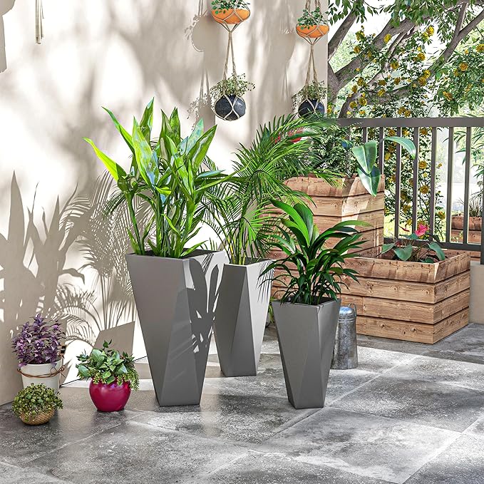 Set of 3 Tall 28.75 24.5 20.5 Indoor Outdoor with Drainage Holes Stackable Flower Pots for Garden Patio Balcony Front Door Gray