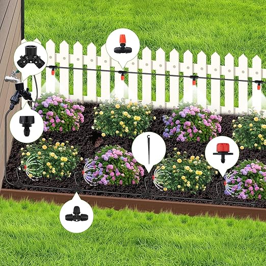 Locked - Connect Drip Irrigation Kit 98ft Garden Drip Irrigation System Automatic Micro Watering System with 4/7 inch Tubing Hose with Misting Nozzle Emitters for Garden Bed Patio Greenhouse
