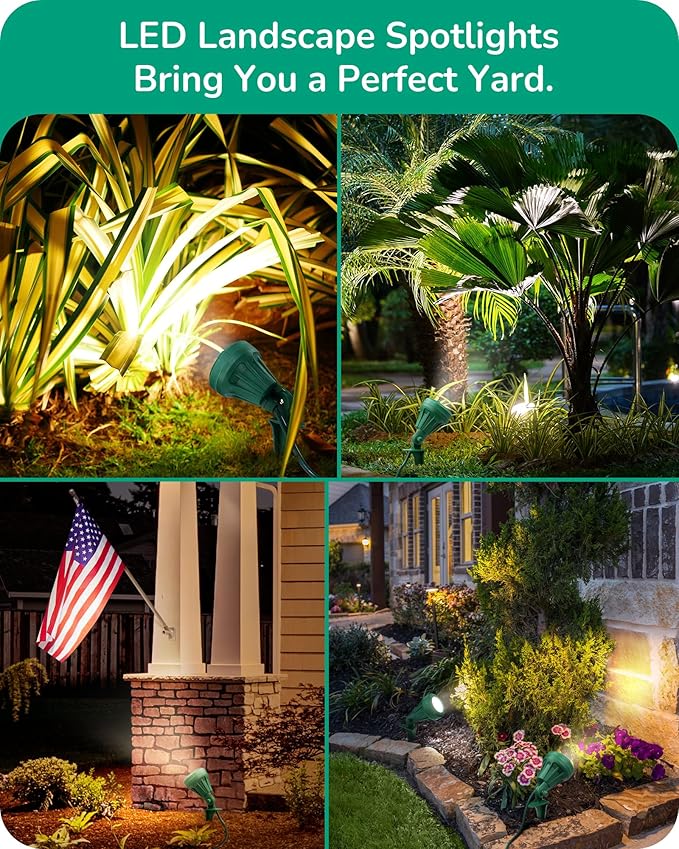 EDISHINE 120V Outdoor LED Spotlights 5.5W Plug in Spotlight with 3 Lenses (Red Green Yellow) &amp 180° Rotatable Lamphead 5000K Waterproof Landscape Lights for Flag Garden 4 Pack