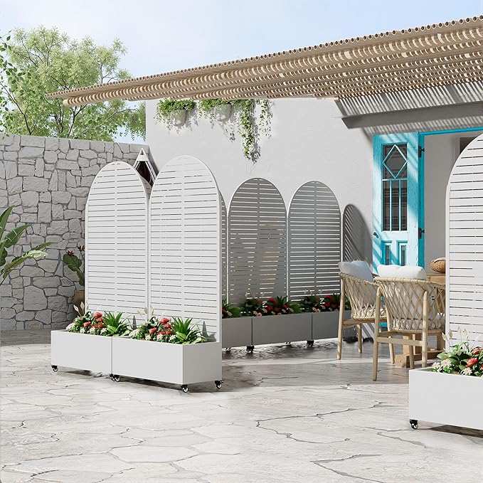 Casaphoria Metal Raised Garden Bed with Trellis and Wheels 72x35x16 Arched Planter Box for Climbing Plants Vegetables &amp Vines Features Drainage Holes and Privacy Screen (White-Louvered)