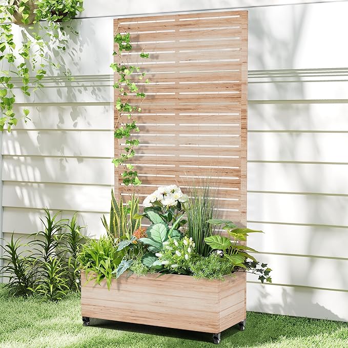 Raised Garden Bed with Trellis and Wheels73x35x16 Metal Raised Garden BedAcacia Finish Metal Planter with Climbing Trellis for Vines &amp Vegetables