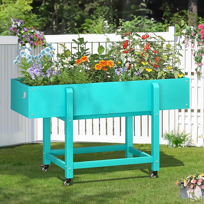 LUE BONA Raised Garden Bed with Wheels 48 * 16.7 * 28 in Poly Elevated Outdoor Planter Box with Tools Weather Resistant Standing Growing Bed Herb Planter for Vegetable Flowers Fruits