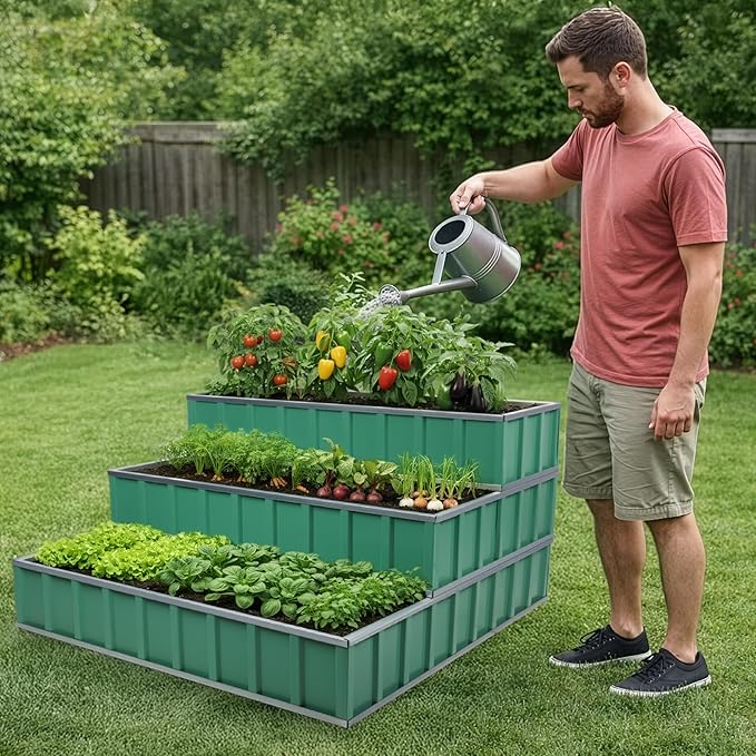 Pure Garden 3 Tier Metal Raised Garden Bed - 45” x 45” x 24” Galvanized Steel Above Ground Planters for Vegetable Garden Flowers and Herbs - Stackable Planter Raised Beds for Gardening (Green)