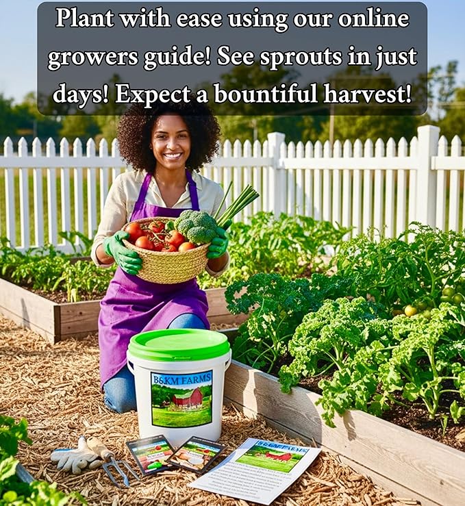 B&ampKM Farms 25000+ Heirloom Vegetable Seed Vault - 40 Non-GMO Varieties for Home Gardening &amp Food Security - Long-Term Mylar Storage in Weather-Resistant Reusable Pail - Made in USA