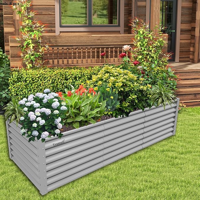 4 Pack 8x3x2FT Galvanized Raised Garden Bed Kit Rectangular Metal Ground Planter Box Outdoor Bottomless Planter Raised Beds for Vegetables Flowers Herbs Fruits Gray