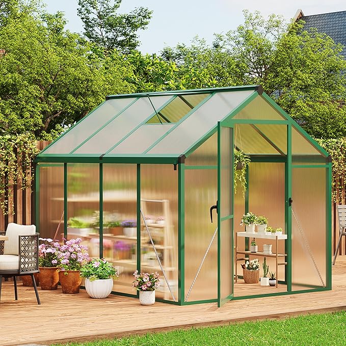 6X8 FT Outdoor Polycarbonate Greenhouse Sturdy Aluminum Frame Adjustable Roof Vent Ideal for Backyard Patio or Garden All-Weather Green House for Growing Plants and Vegetables
