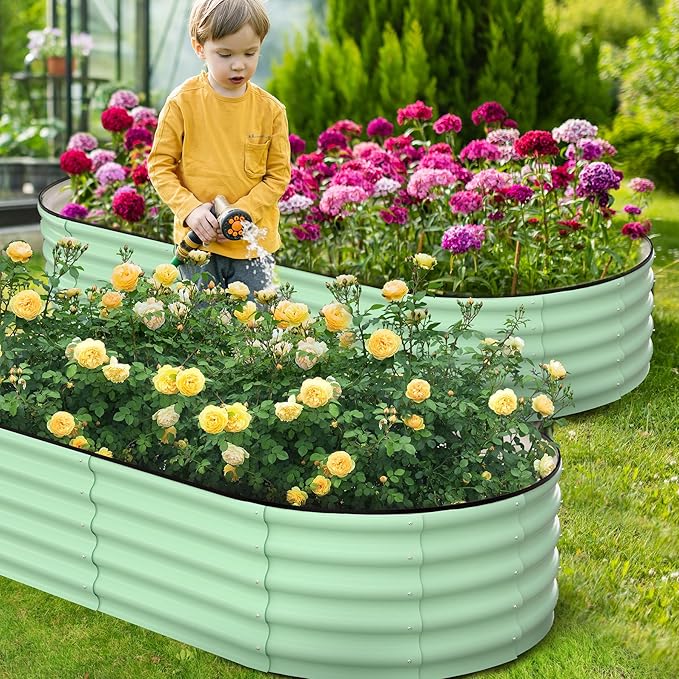 GarveeLife 8x2x1 ft Raised Garden BedGalvanized Raised BedGarden Boxes OutdoorOpen-Ended Base Galvanized PlanterPlanter Raised BoxesMetal Garden Box for Vegetables FlowersRubber EdgeGreen