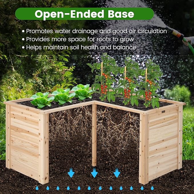 Raised Garden Bed L-Shaped Deep Planter Box with Open-Ended Base Outdoor Elevated Planter for Garden Patio Flowers Vegetables Backyard
