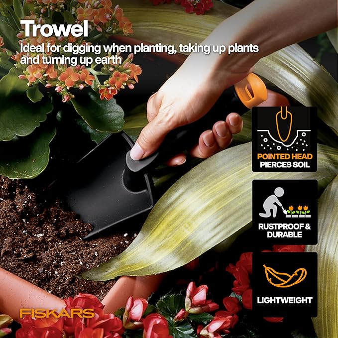 Fiskars 5-Piece Flower Gardening Essentials Set Floral Pruner Trowel Cultivator Gloves &amp Kneeling Cushion Easy Action Bypass Blade with Wire Cutter &amp Stem Stripper Lightweight Rustproof
