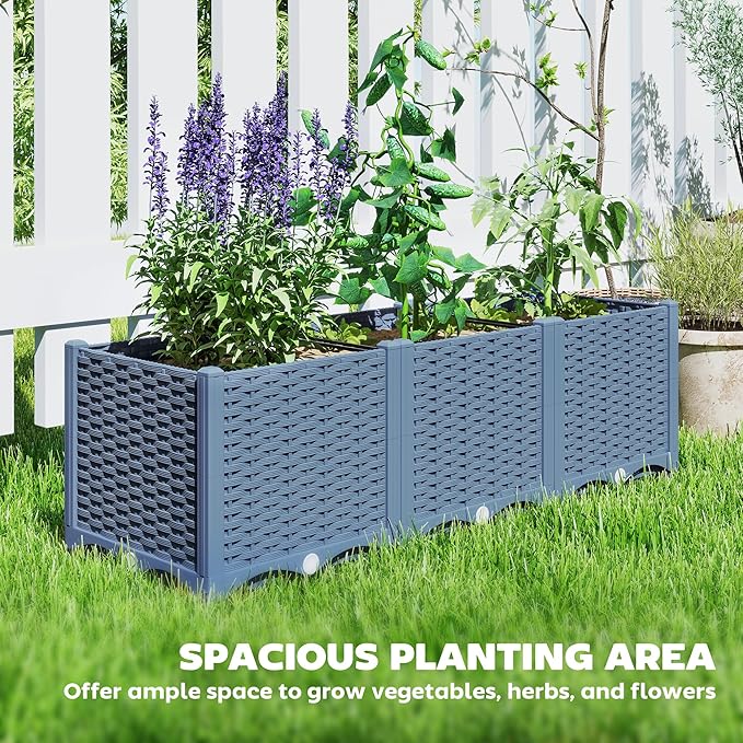 Outsunny 4 x 1 x 1 ft Raised Garden Bed Indoor Outdoor Plastic Planter Box with Drainage Holes Drain Plugs and Water Reservoirs for Vegetables Herbs Flowers &amp Succulents Blue