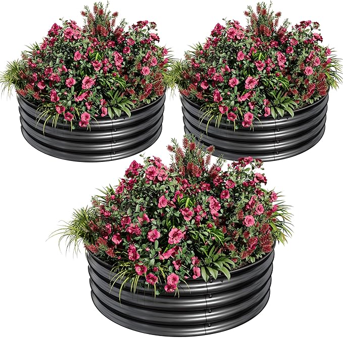 Round Raised Garden Bed 3PCS 2 x 1ft Galvanized Raised Boxes with Rust-Resistant Easy Assembly Safe Edge Metal Garden Bed Kit for Planting Vegetables Fruits Flowers Black