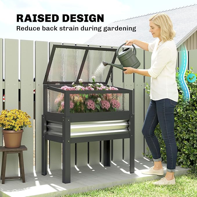 Outsunny Wooden Raised Garden Bed with Flip-Up Greenhouse Top Raised Garden Bed with Legs and Bed Liner Elevated Planter Box for Flowers Vegetables Herbs Gray