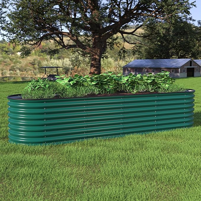 MUPATER Galvanized Raised Garden Bed 8x2x2ft 9-in-1 Metal Raised Planter Box with Aluminum Support Rods Oval for Outdoor Vegetable Flower Backyard and Patio Green