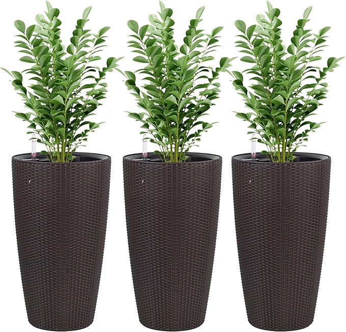 IndoorOutdoor The Appearance is Made of Rattan Planter22.5 inch Brown Plastic Large Plant Pot with Automatic Watering System for Home and G (Brown 22.5 inch 2 Pack)