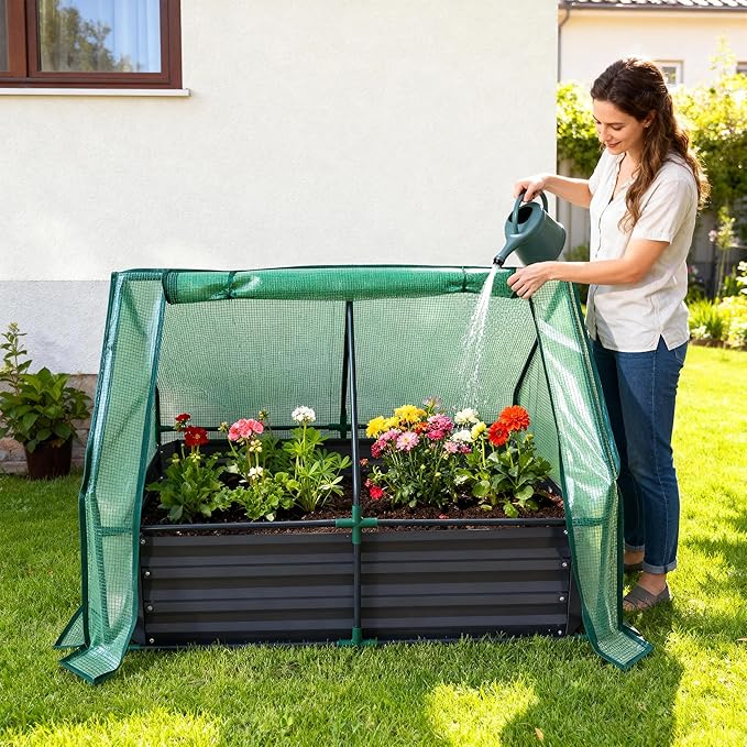 Relaxdays Raised Bed with Greenhouse for Flowers Plants and Vegetables H x W x D: 92 x 125 x 95 cm Garden Plant Bed Anthracite