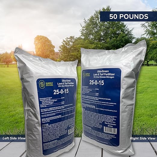 Supply Solutions 25-0-15 Ultra Green Lawn and Turf Fertilizer - 16% Slow Release Nitrogen - Promotes Lush Green Lawns and Strong Root Growth Reduces Mowing Frequency (50 Pounds)