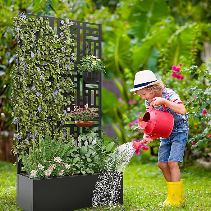 Casaphoria Metal Raised Garden Bed with Trellis and Wheels 72x35x16 Planter Box for Climbing Plants Vegetables &amp Vines Features Drainage Holes and Privacy Screen (Black-Helen)