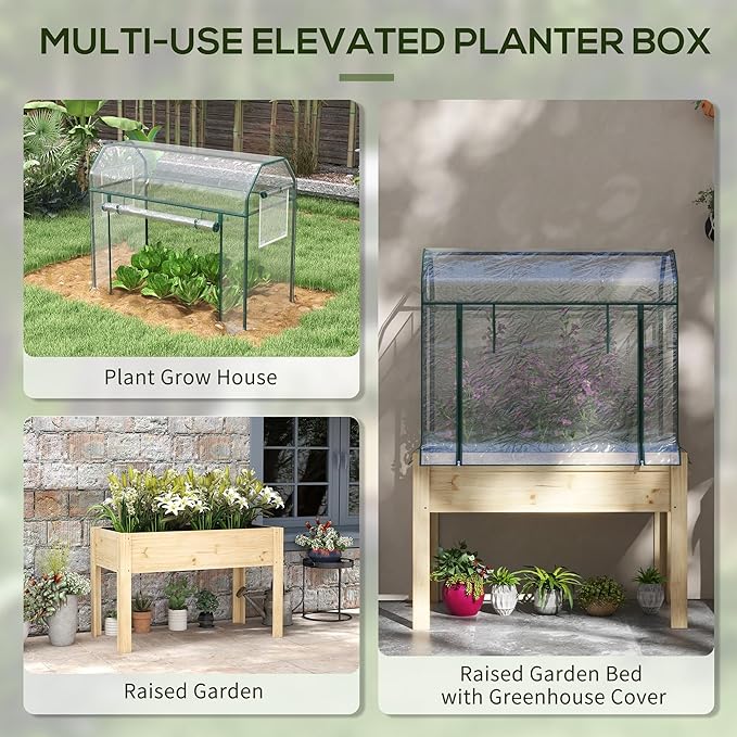Outsunny Raised Garden Bed with Plastic Greenhouse Cover and Bed Liner Outdoor Elevated Wood Planter Box for Herbs and Vegetables Use for Patio Backyard Balcony 45 x 24 x 65 inch Natural