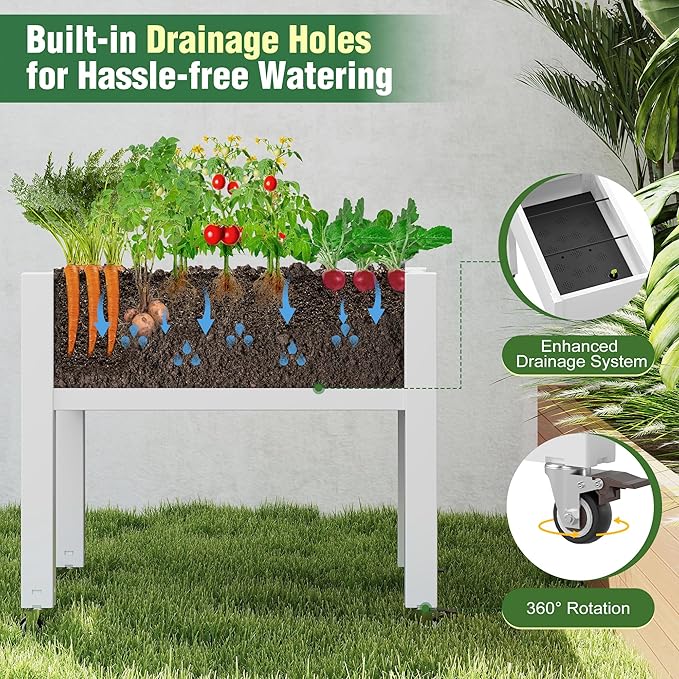 Elevated Raised Garden Bed with Wheels - Outdoor Mobile Resin Planter Box with Drainage Holes for Vegetables Flower Herbs Weather Resistant White (26.3 h)