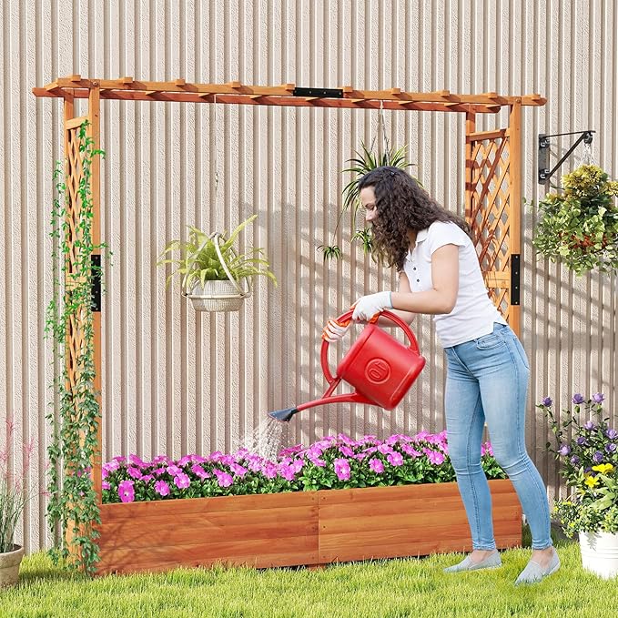 S AFSTAR 2 Pieces Raised Garden Beds with Arch Trellis Hanging Roof &amp Drainage Holes 77-Inch Vertical Plant Container for Vine Climbing Plant Flower Outdoor Wood Elevated Planter Box for Garden