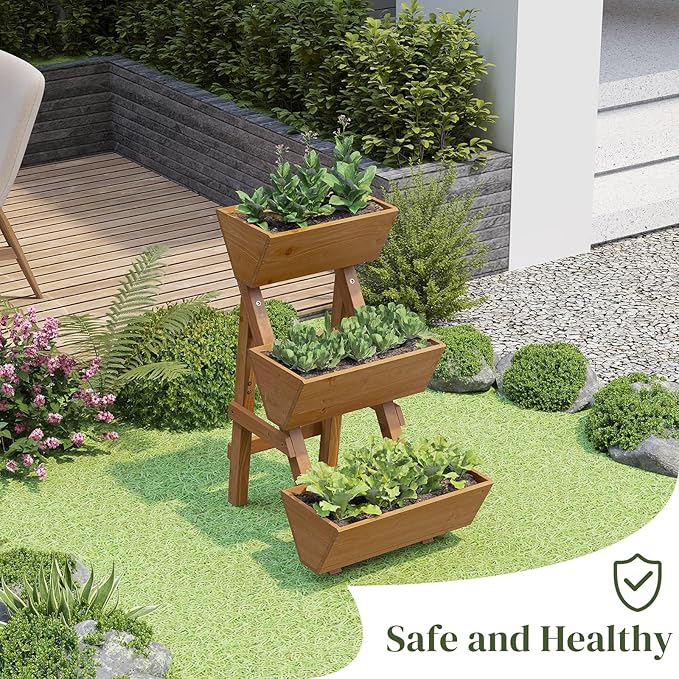 3-Tier Wooden Vertical Raised Garden Bed with Legs Tiered Planter Box Vertical Garden PlanterWood Plant Stand Wood Flower Rack for Patio Balcony Freestanding. (Brown-Small)