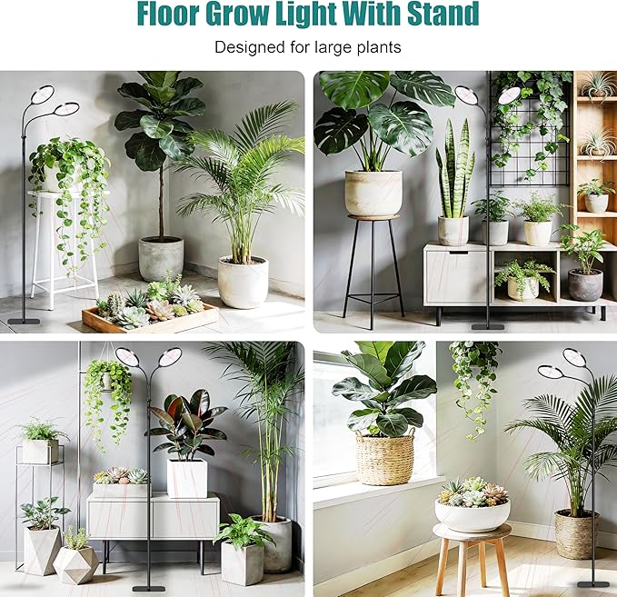 Dual Head Grow Light for Indoor Plants Full Spectrum Floor Standing Plant Light Remote Control &amp 4/8/12/18H Timer 3 Modes 10 Dimmable Levels Stable Base for Tall Plants Succulents Herbs Black