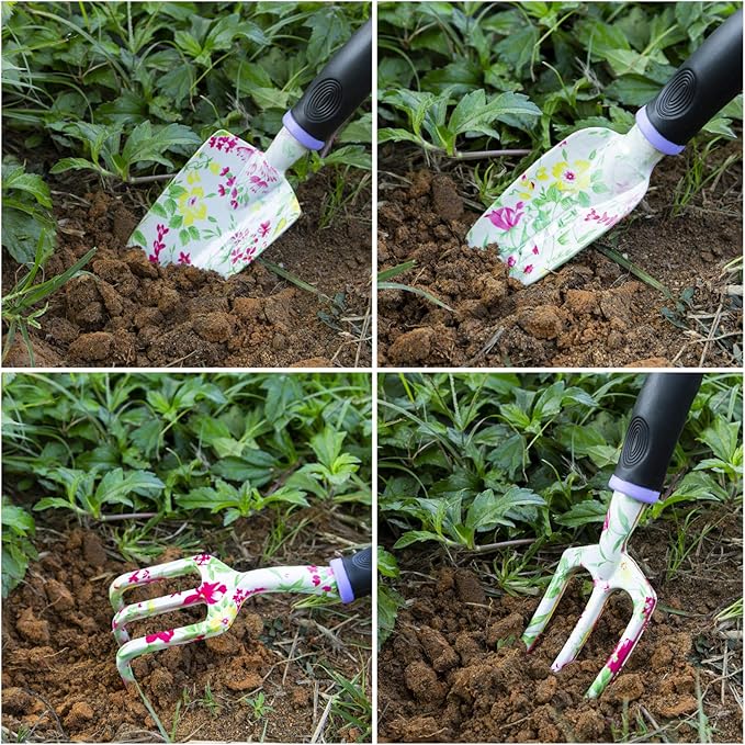 JUMPHIGH Gardening Tool Set 10 PCS Heavy Duty Aluminum Garden Kit Floral Gardening Gifts for Women Garden Hand Tools with Non-Slip Rubber Handle Kneeling Pad Garden Gloves and Storage Tote Bag