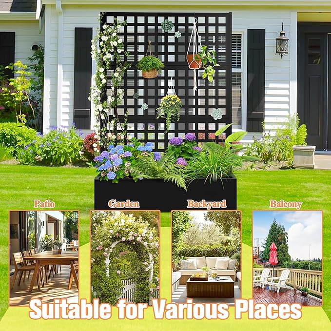 Metal Planter Box with Trellis &amp Wheels Raised Garden Bed with Privacy Screen Outdoor Standing Flower Beds with Drainage Hole for Climbing Plants Vine 47 Lx16 Wx71 H