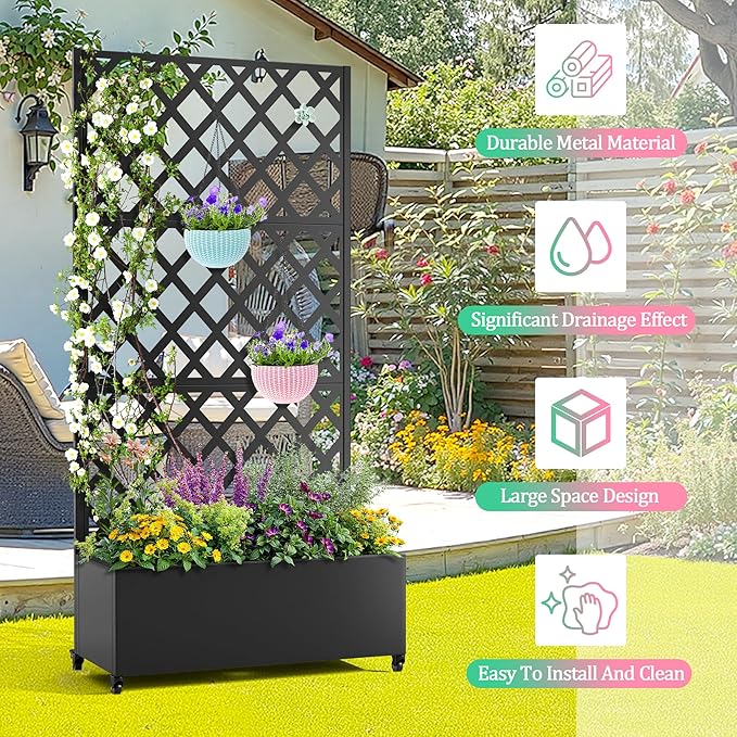Metal Raised Garden Bed with Trellis for Climbing Plants Vegetable VinesMetal Planter Box with Trellis 73x35x16Trellis with Planter Box &amp Privacy ScreenRaised Garden Bed On Wheels(Black)