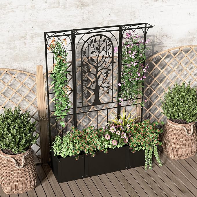 Metal Planter Box with Trellis Raised Garden Bed with Trellis Privacy Screen 62 inch Tall Planter Boxes for Climbing Plants Flowers Vegetables Fruits Balcony and Patio Decor (Black)