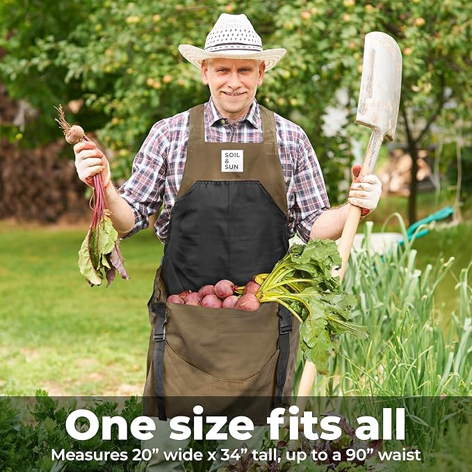 Soil &amp Sun Gardening Apron with Pockets and Harvesting Pouch - Durable Canvas Design for Men and Women - Convenient Tool Storage and Effortless Harvesting (Dark Beige)