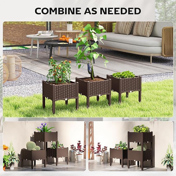 Outsunny Plastic Raised Garden Bed with Legs Self Watering Elevated Planter Boxes with Drainage Holes and Plugs Easy Assembly Outdoor Planter Box for Patio Yard Balcony Vegetables Flowers Herbs