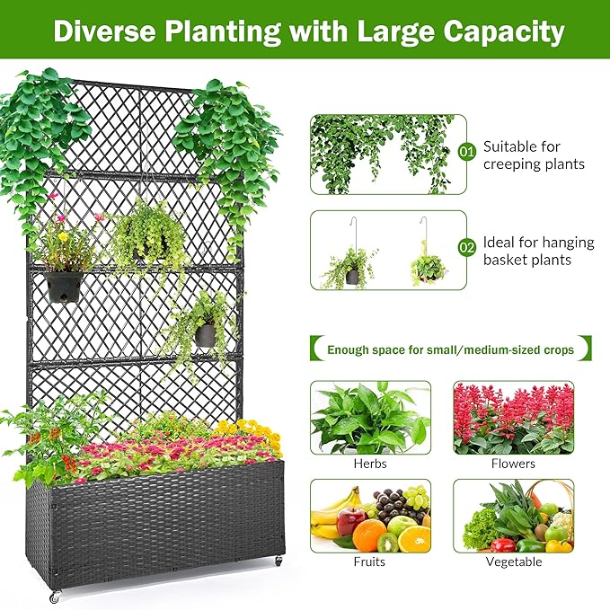 GENMOUS 72in/5.9ft Metal Raised Garden Bed with Trellis Planter Box Trellis with Wheels for Vine Climbing Plants Trellis with Drainage Holes for Flowers Vegetables in Garden Patio Balcony （Black）