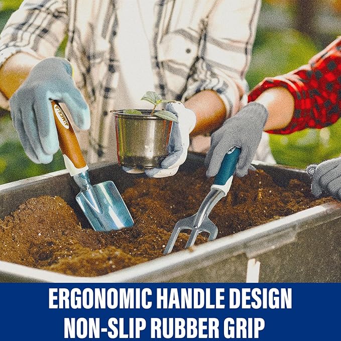 Aimerla Gardening Tools Set of 9 Heavy Duty Garden Tools with Non-Slip Rubber Grip with Large Garden Bag Durable for Garden Weeding Gifts for WomenMen