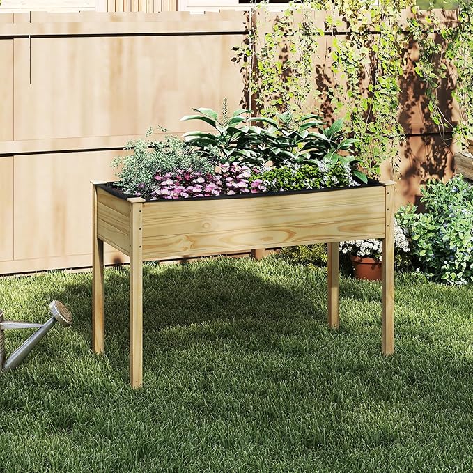 S AFSTAR 2 Pieces Wooden Raised Garden Bed with Legs Planter Box with Liner &amp Drainage Holes for Vegetable Flower Herb Indoor Outdoor Elevated Gardening Box for Backyard Patio Balcony