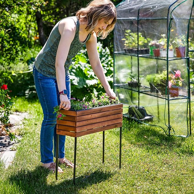 Sunnydaze Slatted Acacia Wood Raised Garden Bed with Legs - Oil-Stained Finish - Powder-Coated Steel Frame - Removable Insert - 23.5-Inch H