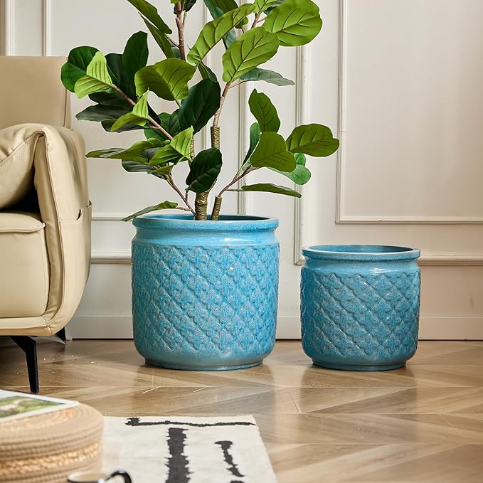 Handmade Ceramic Flower Pot Set of 3 15129 Inch Diameter Blue with Geometric Pattern for Orchids IndoorOutdoor Use on Windowsill Bookshelf Breathable Clay