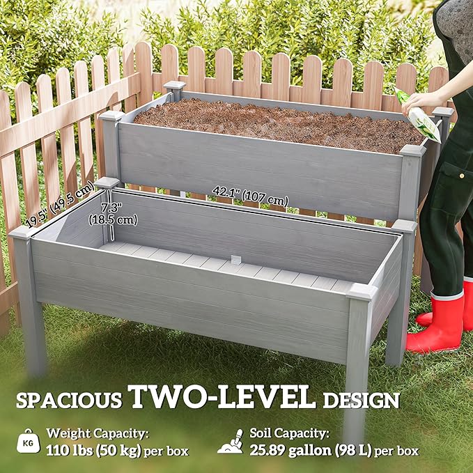 Outsunny 2 Tier Raised Garden Bed Elevated Wooden 2 Box Planter Gardening Grow Stand Planting Bed for Flowers Vegetables Herb Gray
