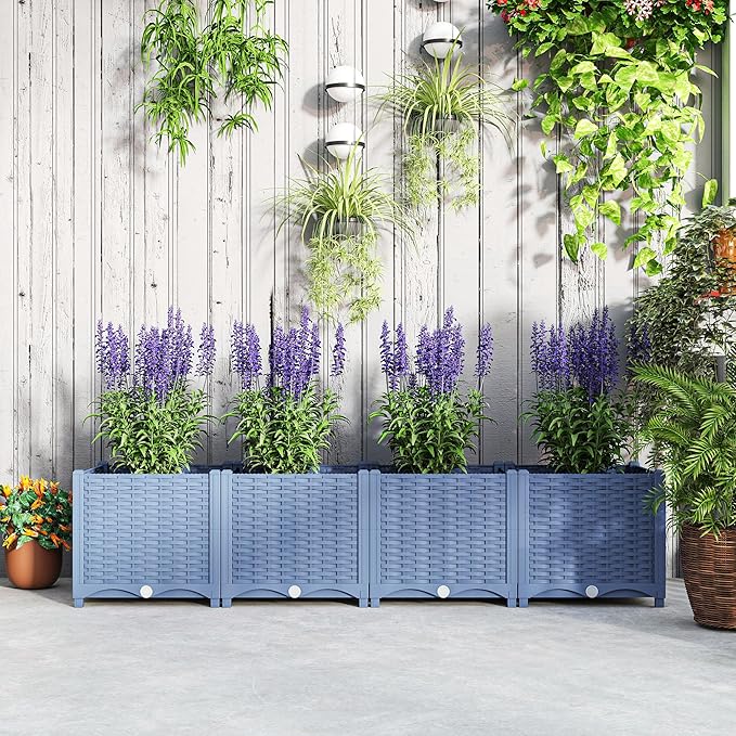 Outsunny 5 x 1 x 1 ft Raised Garden Bed Indoor Outdoor Plastic Planter Box with Drainage Holes Drain Plugs and Water Reservoirs for Vegetables Herbs Flowers &amp Succulents Blue