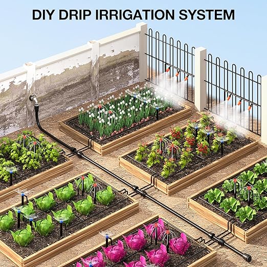 MIXC 226FT Greenhouse Micro Drip Irrigation Kit Automatic Patio Plant Watering System with 1/4 &amp 1/2 Tubing Adjustable Nozzles Emitters &amp Barbed Fittings for Efficient Irrigation