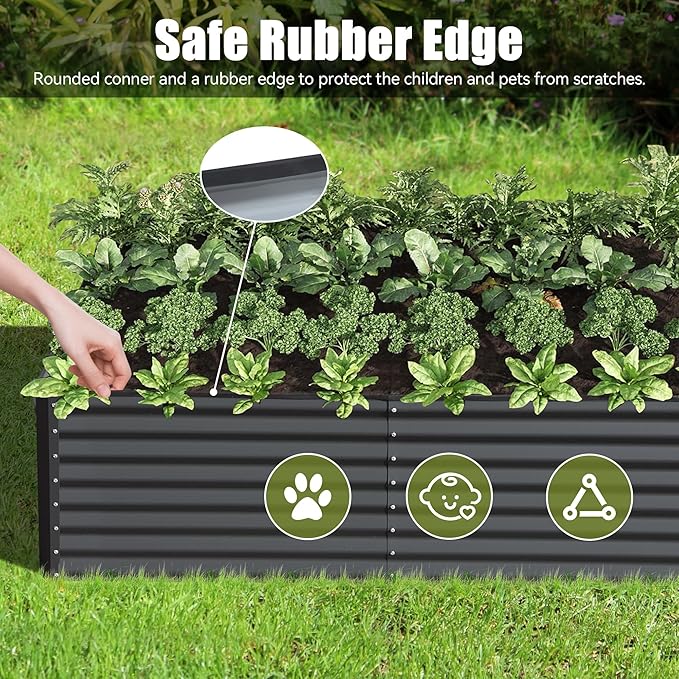 6x3x2ft Galvanized Raised Garden Bed – Large Metal Planter Box for Vegetables Fruits Flowers Rust-Resistant Outdoor Planter with Open Base Sturdy Support Rods Thickened Safety Edge Gray